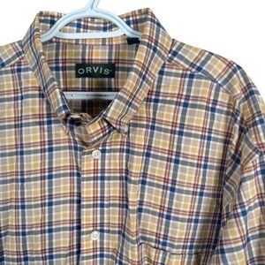 Orvis Button Down Shirt Mens 2XLT Yellow Blue Plaid Cotton Long Sleeve